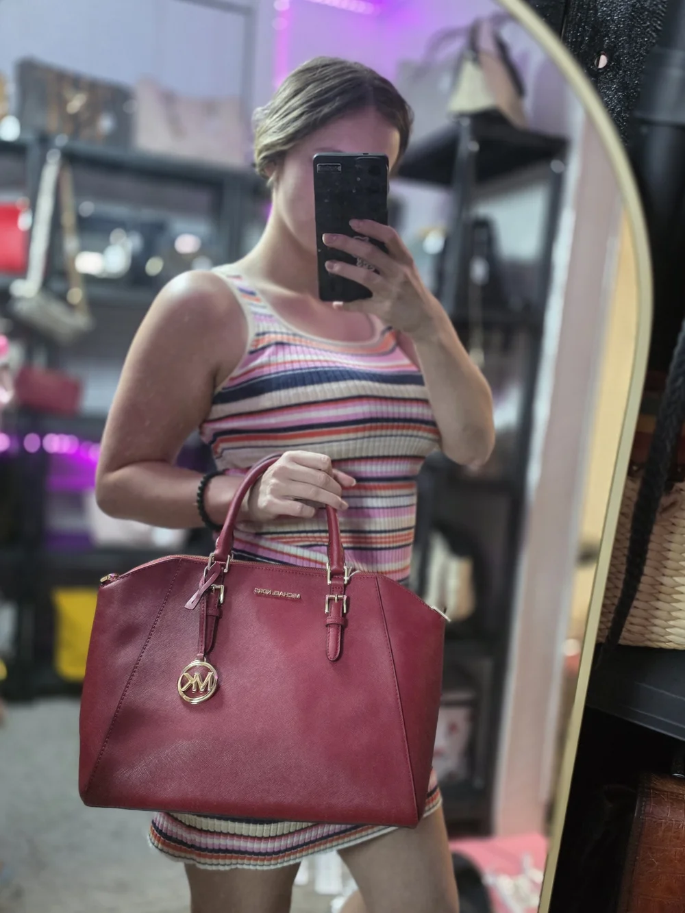 Michael Kors Cherry Red Saffiano Satchel with Gold Hardware
